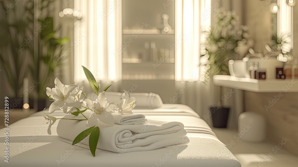 a spa treatment through a captivating image of a massage area embellished with plush white towels and fresh flowers, highlighting the allure of relaxation and pampering in a serene environment. a spa treatment through a captivating image of a massage area embellished with plush white towels and fresh flowers, highlighting the allure of relaxation and pampering in a serene environment.