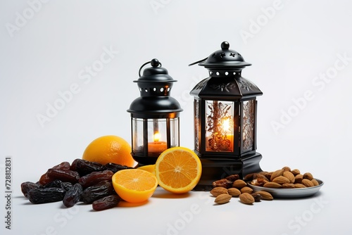 a small black lantern with fruits and nuts on a white background photo