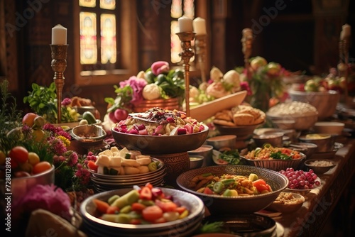a variety of arabic vegetables and food in a large dining room