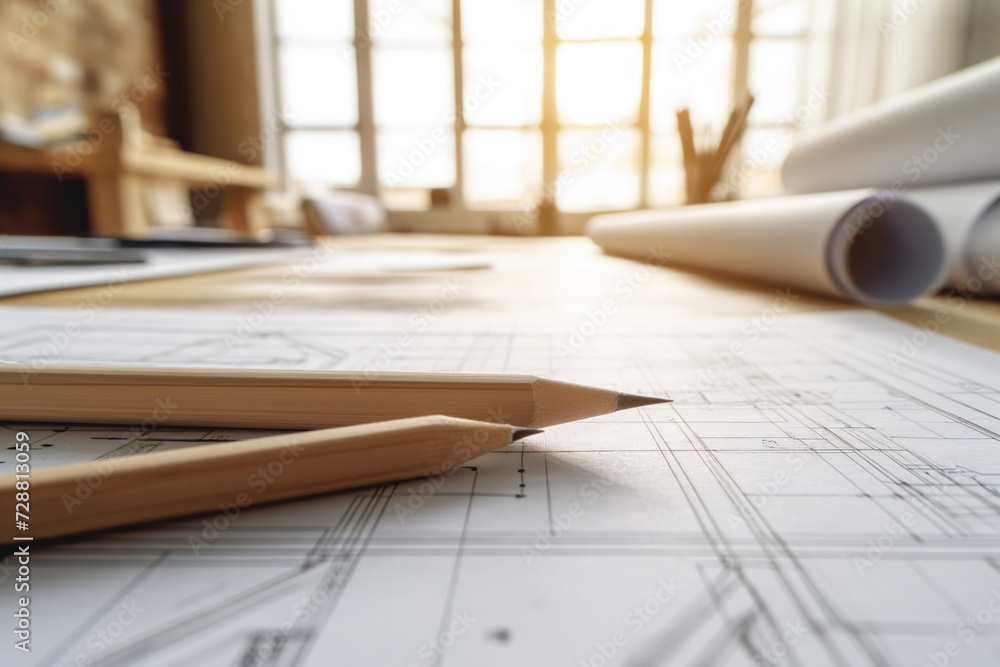An ample table with pencils, blueprints, and technical drawing materials, workspace of an architect or designer with a large window in the background, well-lit design and architecture studio An ample table with pencils, blueprints, and technical drawing materials, workspace of an architect or designer with a large window in the background, well-lit design and architecture studio