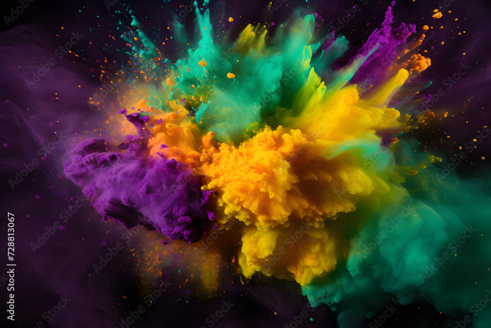 Explosion of vibrant colored powder in purple, green, and gold. Holi paint powder creating a dynamic and joyous ambiance  Generative AI,