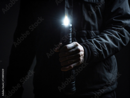 A person illuminating the darkness with a flashlight in a dimly lit environment.