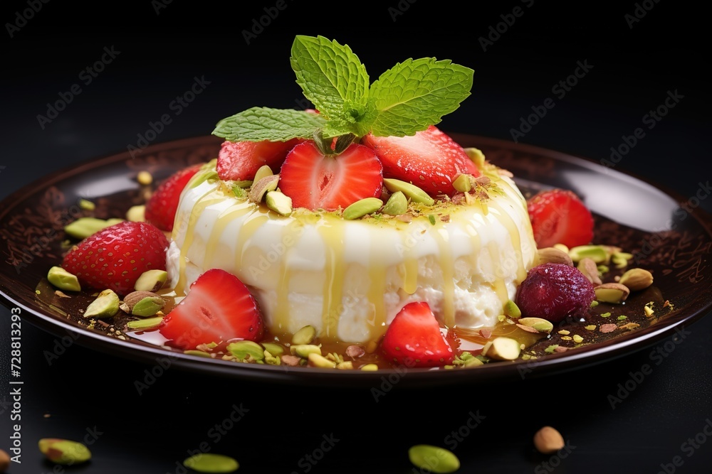 dessert with strawberries and pistachio in the dessert dish dessert with strawberries and pistachio in the dessert dish