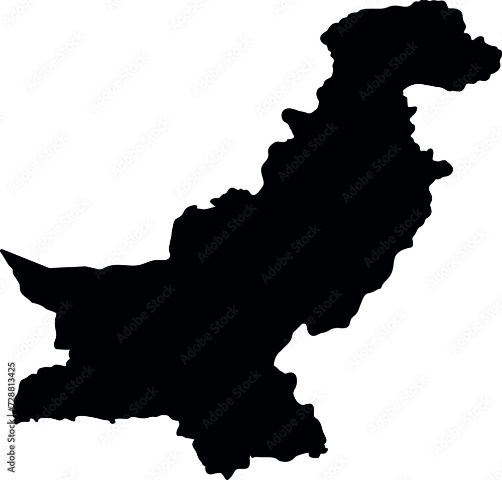 black silhouette of map of Pakistan in Asia on white background