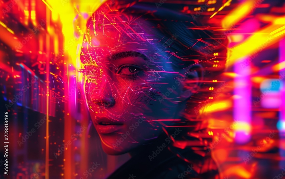 A futuristic cyberpunk woman's face overlaid with glowing neon circuit lines against a dark backdrop.