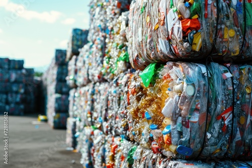 Large stack of compressed plastic bottles into square bales outdoors. Bundles of baled plastic bottles ready for recycling. Stacks of square plastic bales. photo