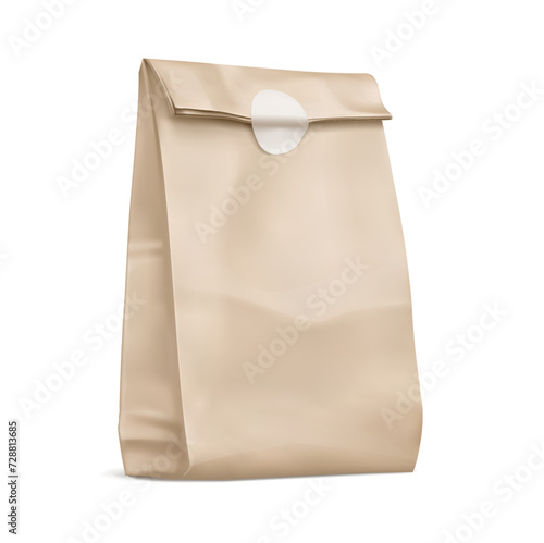 Kraft paper bag for fast-food delivery. Food Delivery Service Bag with sticker for caffe or restaurant branding. Realistic mockup. Vector illustration.