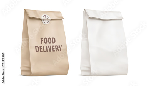 Kraft paper bags for fast-food delivery. Food Delivery Service Bag with sticker for caffe or restaurant branding. Realistic mockup. Vector illustration.