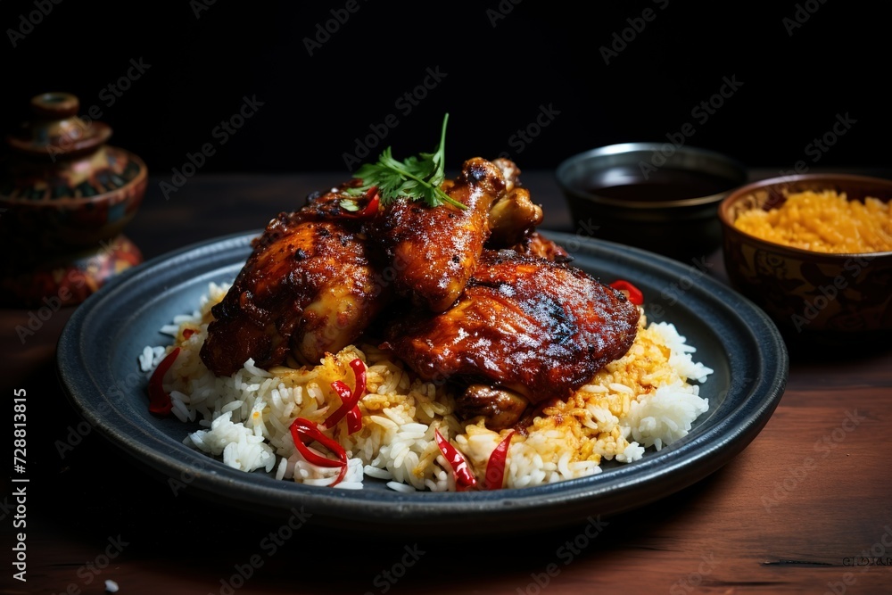 Fototapeta premium sambal chicken with sambal rice on wood background