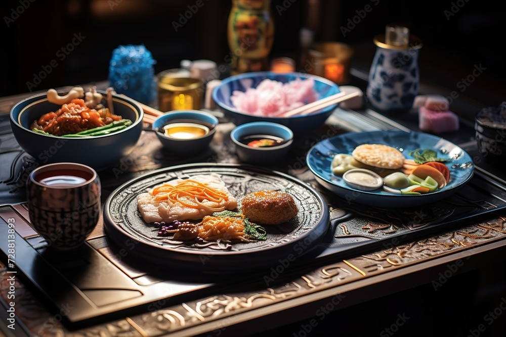 the plates on the table have various meals the plates on the table have various meals