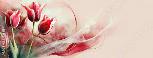 Panel kuchenny z motywem Tapeta w kwiaty, czerwone tulipany na jasnym tle, dym, puste miejsce 