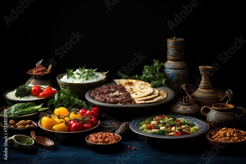 the various dishes of the Mediterranean region on a dark background