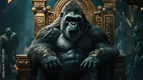 king gorilla sitting on a throne. Created with Generative AI.	 photo