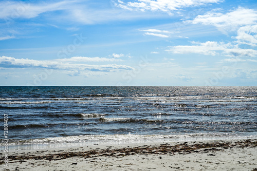 Vacation in Sweden - Vacation on the sandy beach Mossbystrand beach with a view of the Baltic Sea, in summer with a blue sky, Skivarp, Öresund, Skane Lan, Sweden