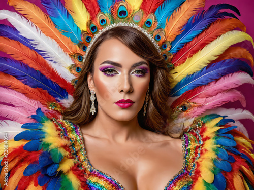 a portrait of a Trans person in a colourful sumptuous rainbow carnival feather suit, circus, drag, drag queen, pride flag, LGBT+, diversity, inclusion photo