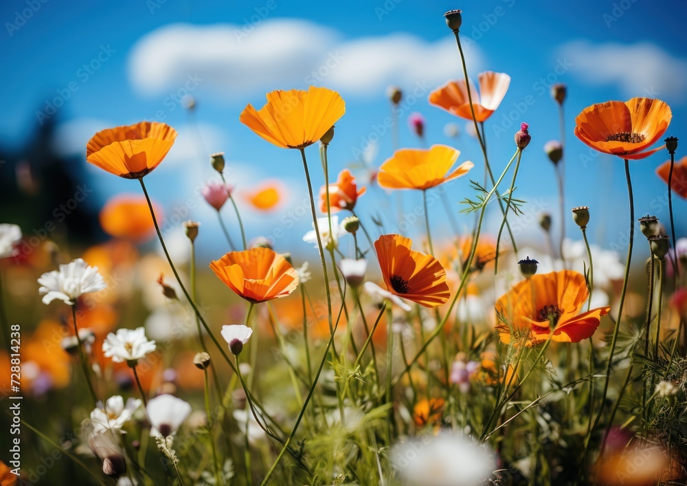 Cheerful orange poppies sway gently against a clear, blue daytime sky