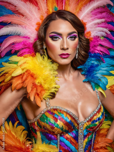 a portrait of a Trans person in a colourful sumptuous rainbow carnival feather suit, circus, drag, drag queen, pride flag, LGBT+, diversity, inclusion