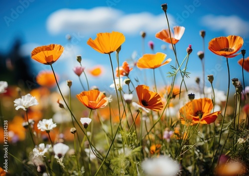 Cheerful orange poppies sway gently against a clear  blue daytime sky