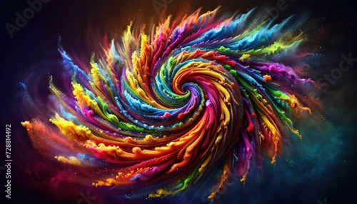 Multicolored holi powder spiraling into a dynamic vortex.Ideal for Holi festival promotions creative event posters vibrant advertisements art therapy session materials or any design project.