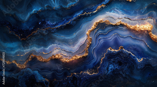 Iridescent waves of mother-of-pearl and midnight blue converging on a marble slab, forming a mesmerizing and enchanting abstract display.  photo