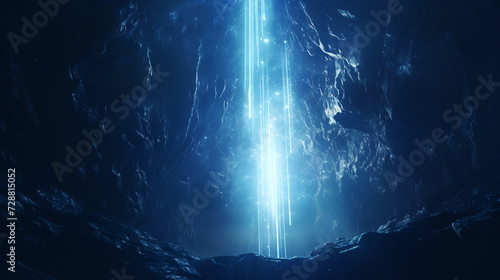 Blue glowing straight line laser light shinning meteor falling in the cave photo
