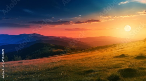 day and night time change above panorama of romania countryside. wonderful springtime landscape in mountains with sun and moon. grassy field and rolling hills. rural scenery