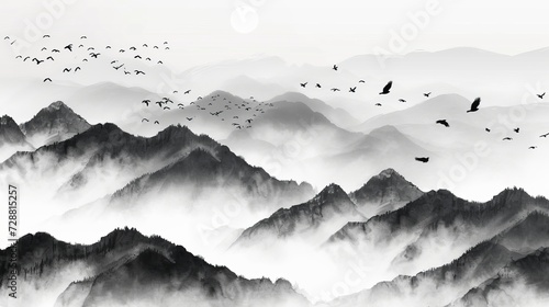 Misty mountains with gentle slopes and flock of birds in sunrise sky. Traditional oriental ink painting sumi-e, u-sin, go-hua © Emil