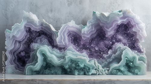 Layers of amethyst and jade swirling together on a marble slab, resembling an abstract interpretation of a serene underwater landscape. 