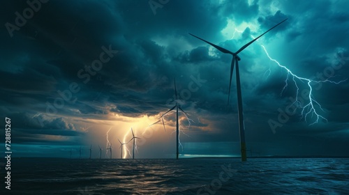 Wind turbines braving stormy seas in a dramatic maritime setting, sea with wind turbines