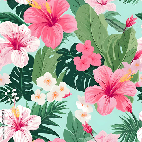 seamless aloha hawaiian print, 1990s fashion print, aloha shirt, [light pink and mint green] seamless pattern, some negative space, vector style, procreate style, pastel colorbook,.