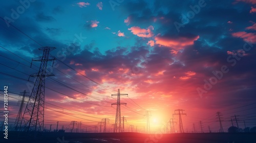 A depiction of high-voltage poles that transmit electricity, with a red sky and sunset in the background