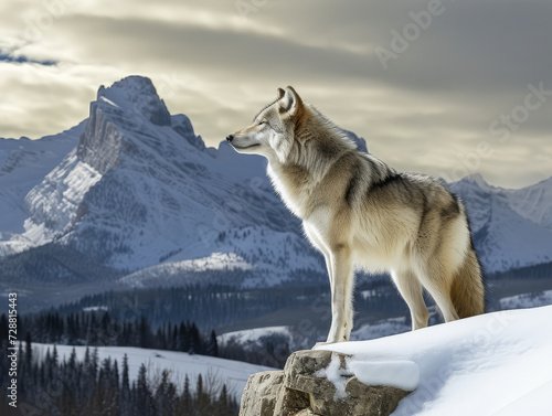 wolf in snow. looking over a mountain © Chris