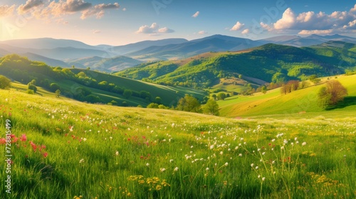 panorama of beautiful countryside of romania. sunny afternoon. wonderful springtime landscape in mountains. grassy field and rolling hills. rural scenery