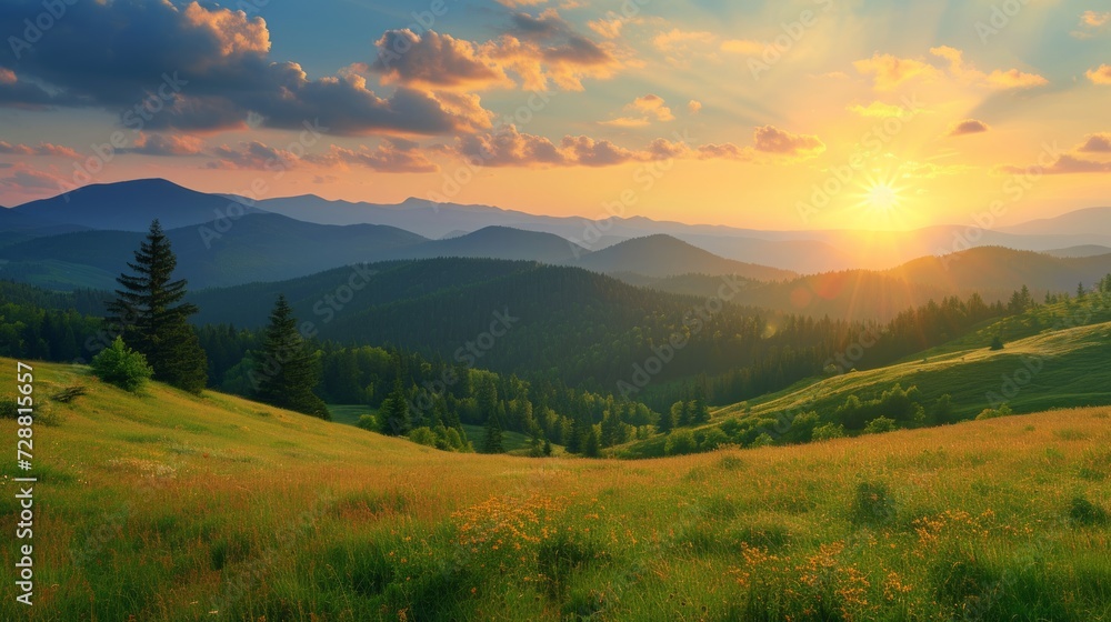 panorama of Carpathian mountains at sunset. beautiful landscape with forested hills and Apetska mountain in the distance - obrazy, fototapety, plakaty 