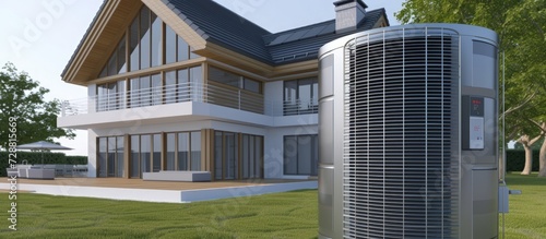 Close up an air heat pump on modern house building. AI generated image