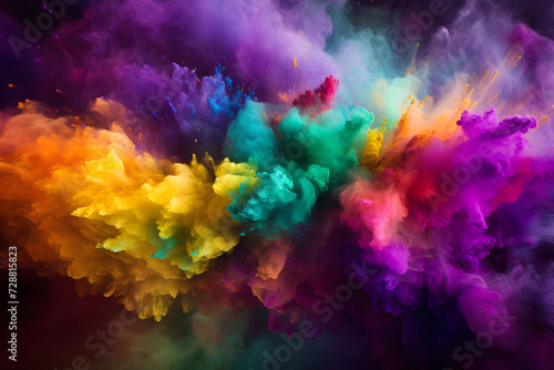 Colorful powder explosion capturing the essence of celebration in purple, green, and gold. Holi paint powder for joyous occasions. Generative AI,