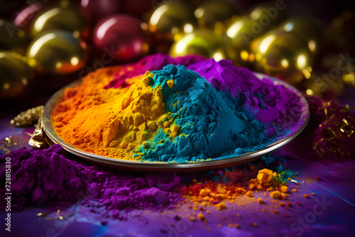Holi paint powder in vibrant purple, green, and gold colors. An explosion of colorful powder, perfect for capturing the essence of celebration. Generative AI,