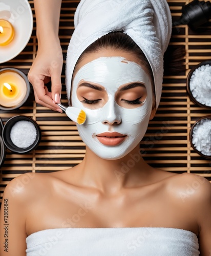 Woman with mask on face in spa beauty salon.
