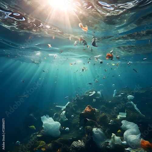 Plastikmüll schwimmt zwischen Fischen im Meer photo
