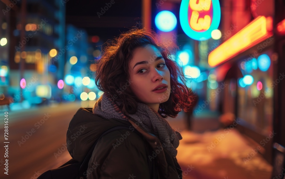 A young woman illuminated by neon lights in an urban night setting. A young woman illuminated by neon lights in an urban night setting.