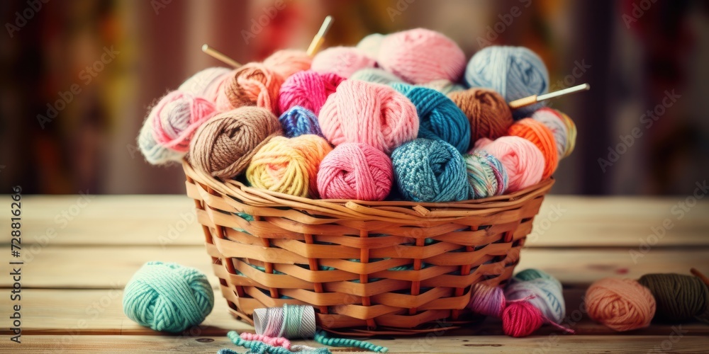 Knitting supplies in rustic basket on wooden table. Closeup, DIY concept. Knitting supplies in rustic basket on wooden table. Closeup, DIY concept.