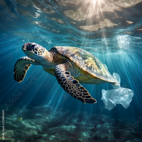 Eine Schildkröte schwimmt mit einer Plastiktüte im Meer © Daniela Stärk