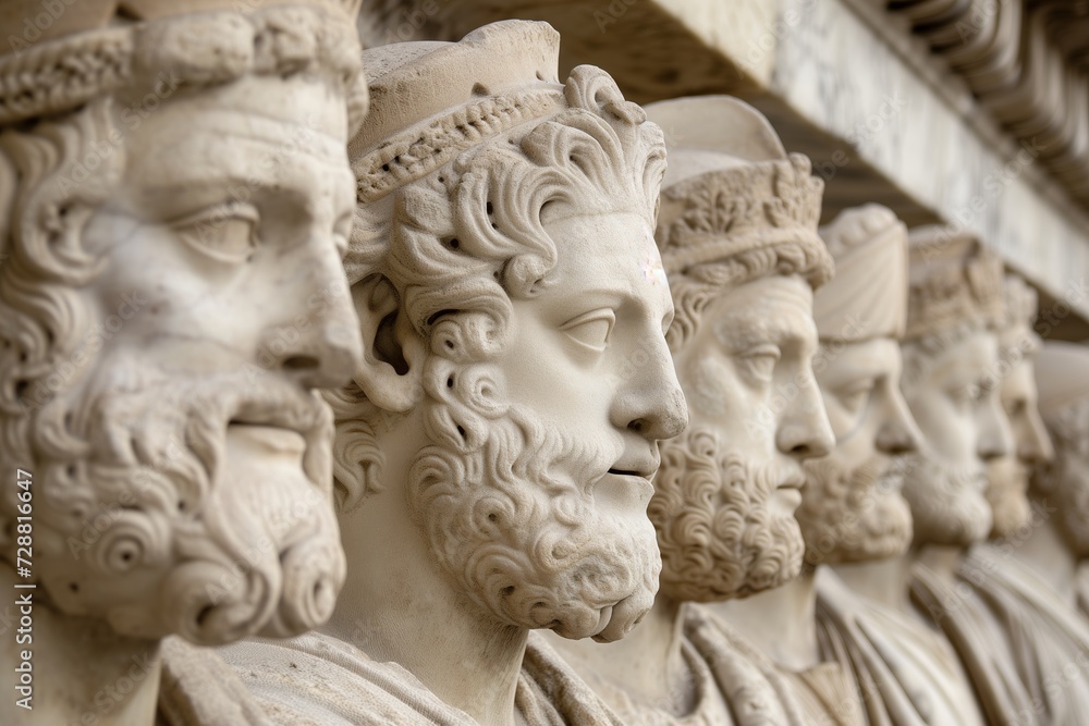 a row of finely sculpted men with beards 