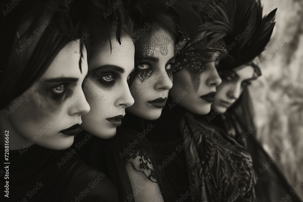black and white portrait of a group of woman, dressed in dark fantasy fashion black and white portrait of a group of woman, dressed in dark fantasy fashion