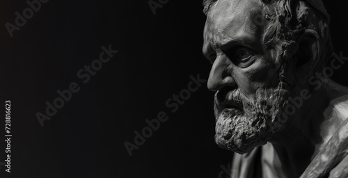 a rough clay sculpture of a concerned old man with a black background and copy space photo