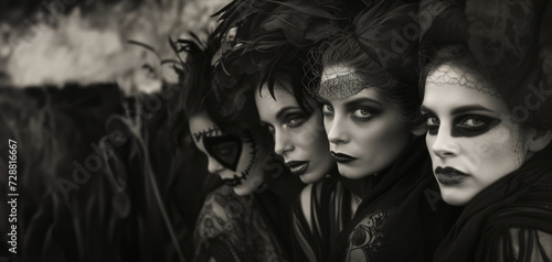 black and white portrait of a group of woman, dressed in dark fantasy fashion 