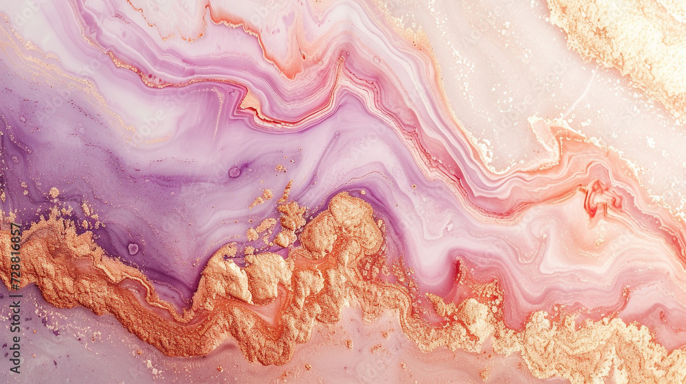 Soft gradients of rose gold, blush pink, and lavender creating a delicate and elegant abstract composition on a smooth marble canvas. 