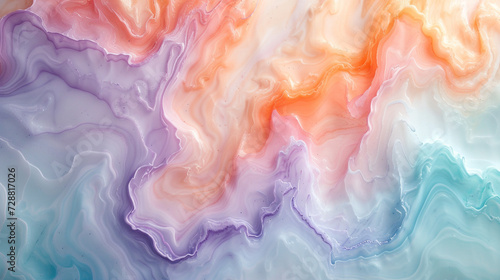 Soft pastel waves of peach, mint, and lavender merging harmoniously on a marble background, creating a serene and dreamlike atmosphere. 
