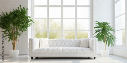 White leather sofa in a chic living room with potted plant and large windows, unoccupied.