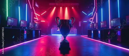 The winner trophy standing on the stage on stylish neon lights background. AI generated image